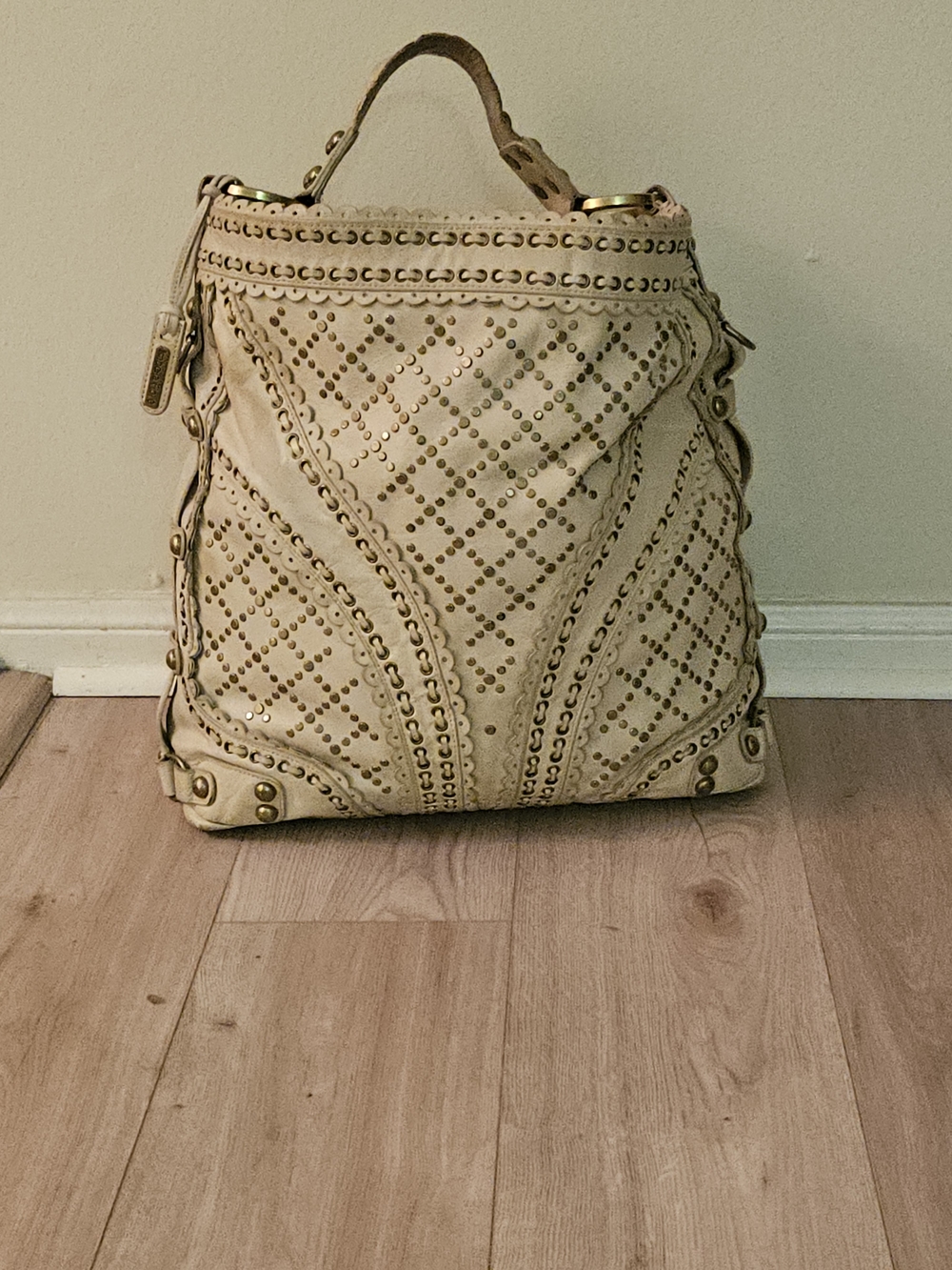Isabella Fiore Cream Leather Studded Shoulder Bag